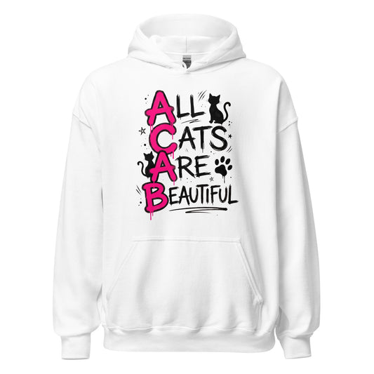 White hoodie with 'All Cats Are Beautiful' text and cat graphics on a white background