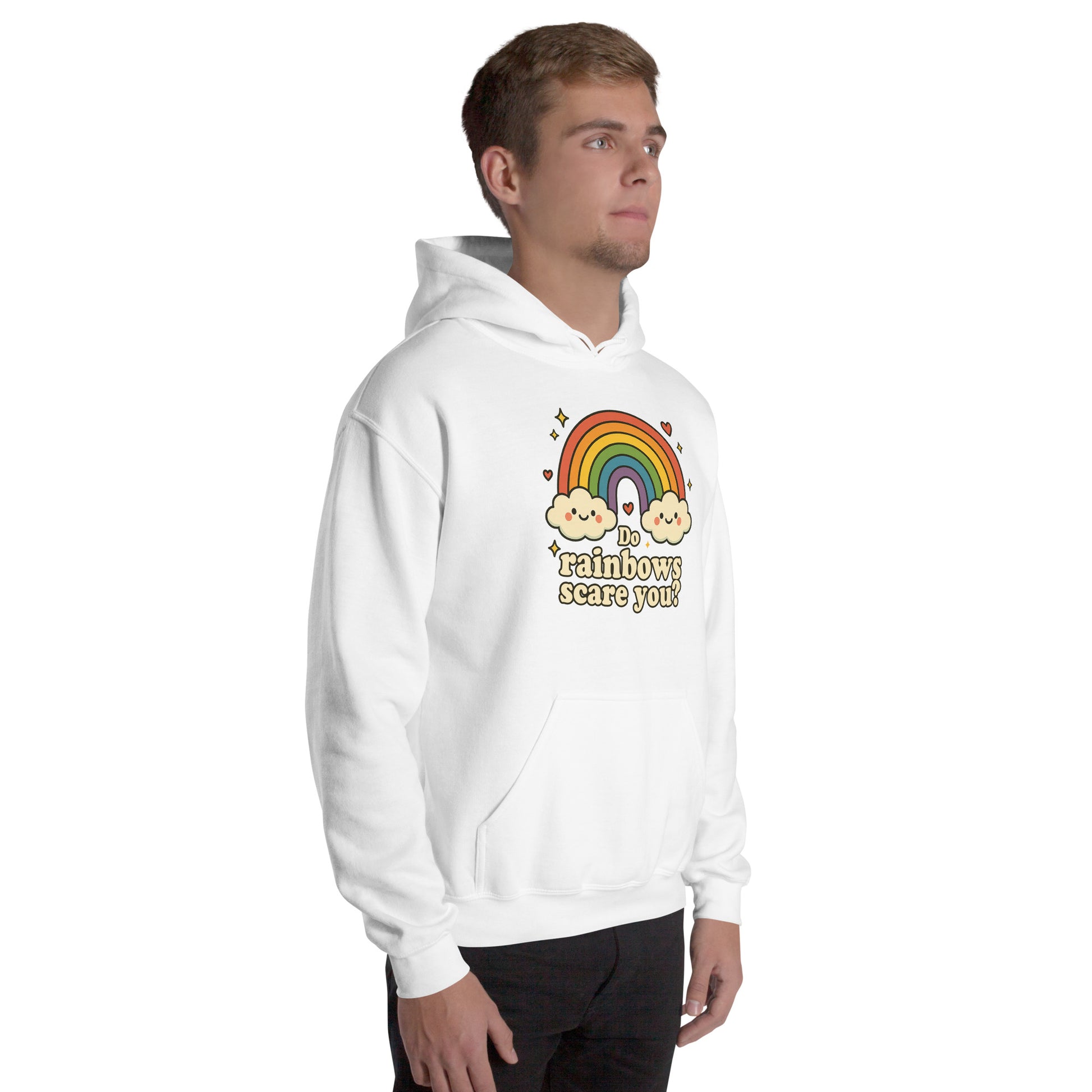 Person wearing a white hoodie with a rainbow design and text on a white background