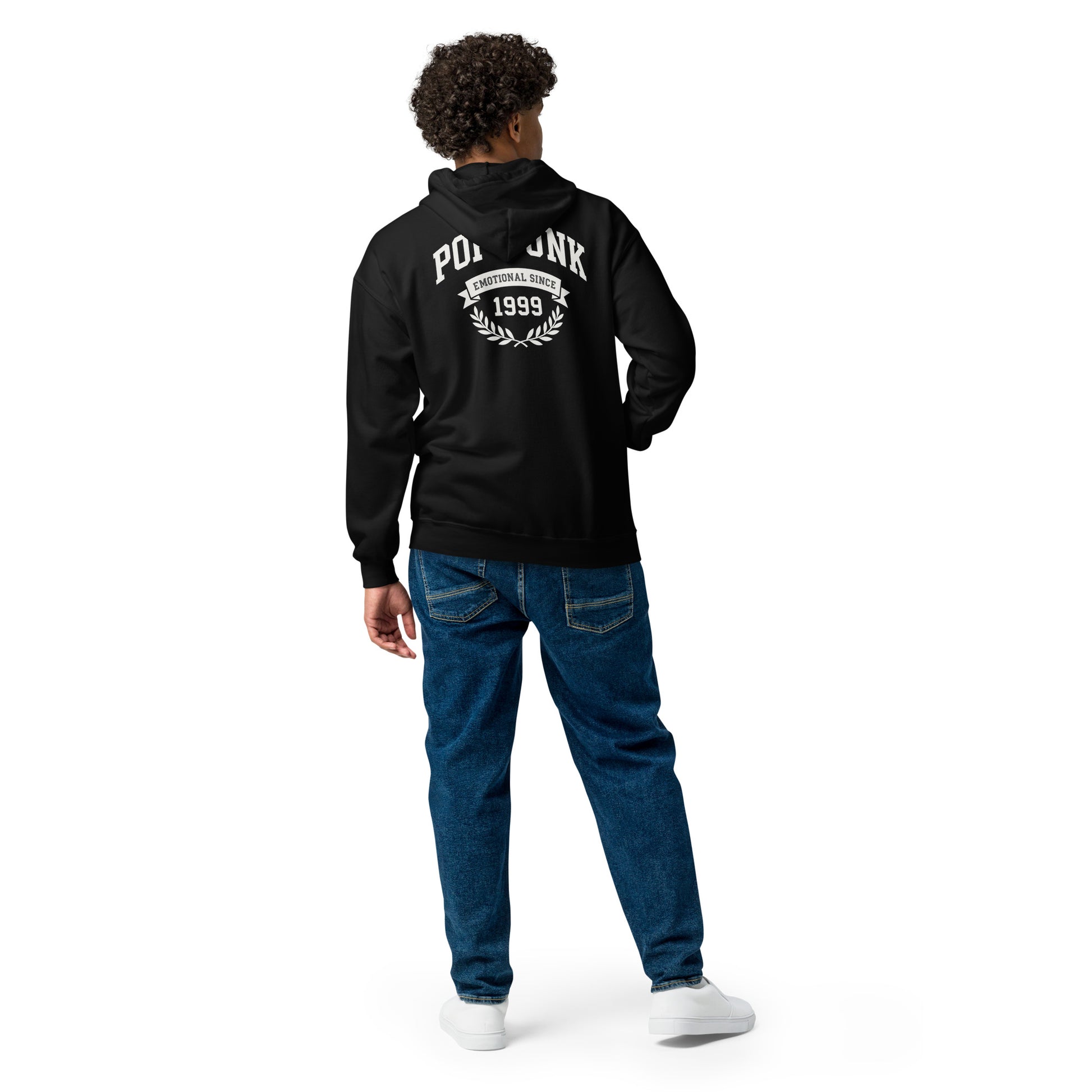 Person wearing a black hoodie with text on the back, standing against a white background