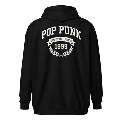 Black hoodie with 'Pop Punk Emotional Since 1999' text on the back against a white background