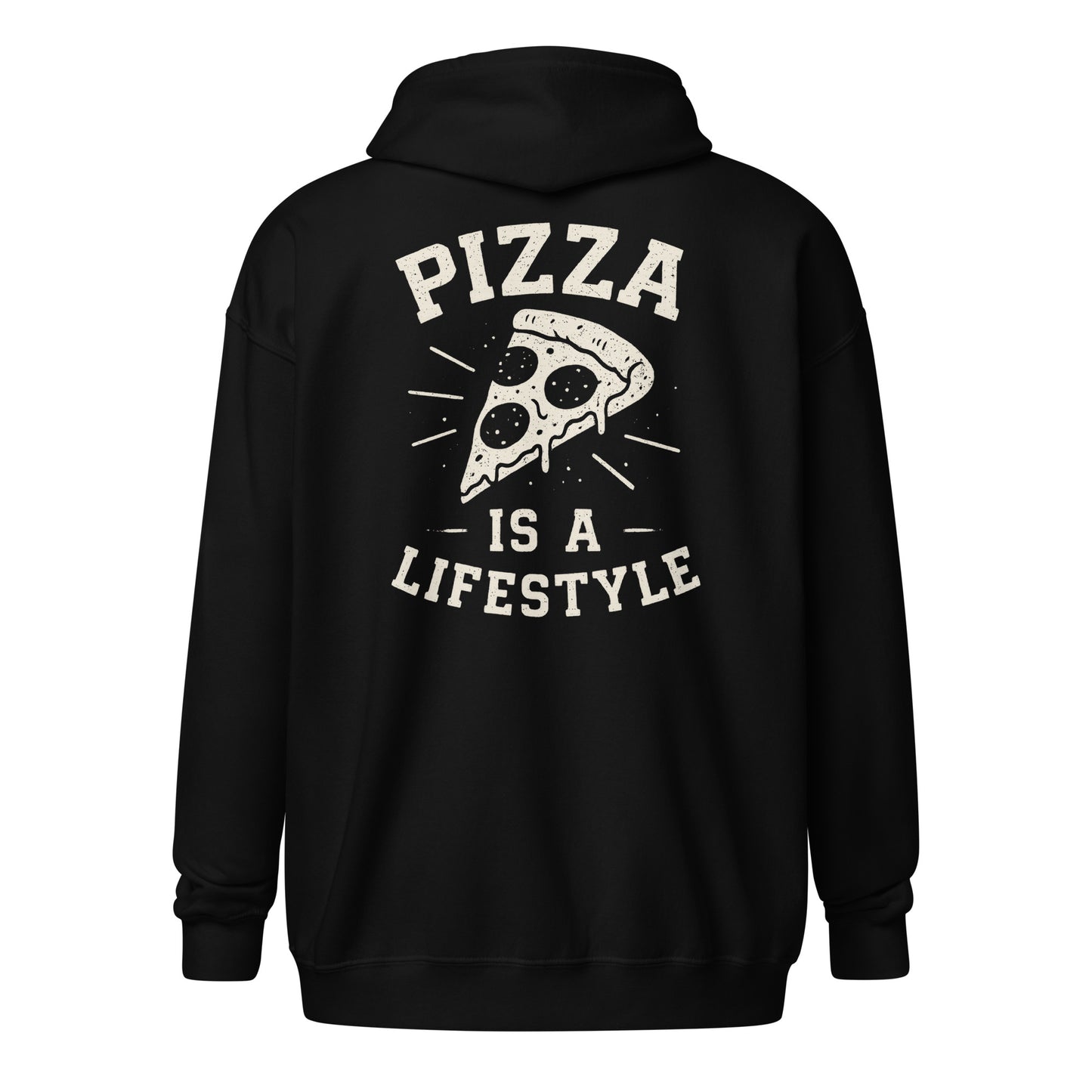 Black hoodie with 'Pizza is a Lifestyle' text and pizza slice graphic on the back.