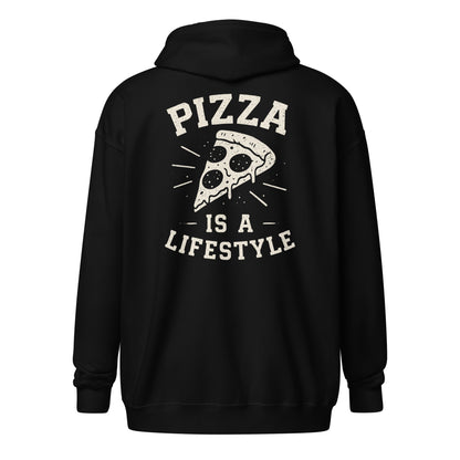 Black hoodie with 'Pizza is a Lifestyle' text and pizza slice graphic on the back.