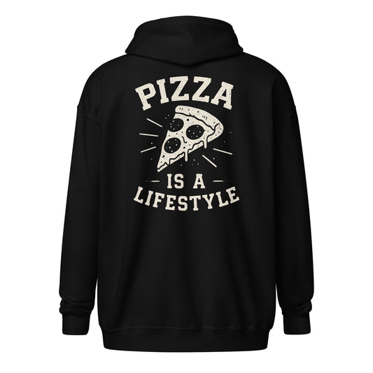 Black hoodie with 'Pizza is a Lifestyle' text and pizza slice graphic on the back.