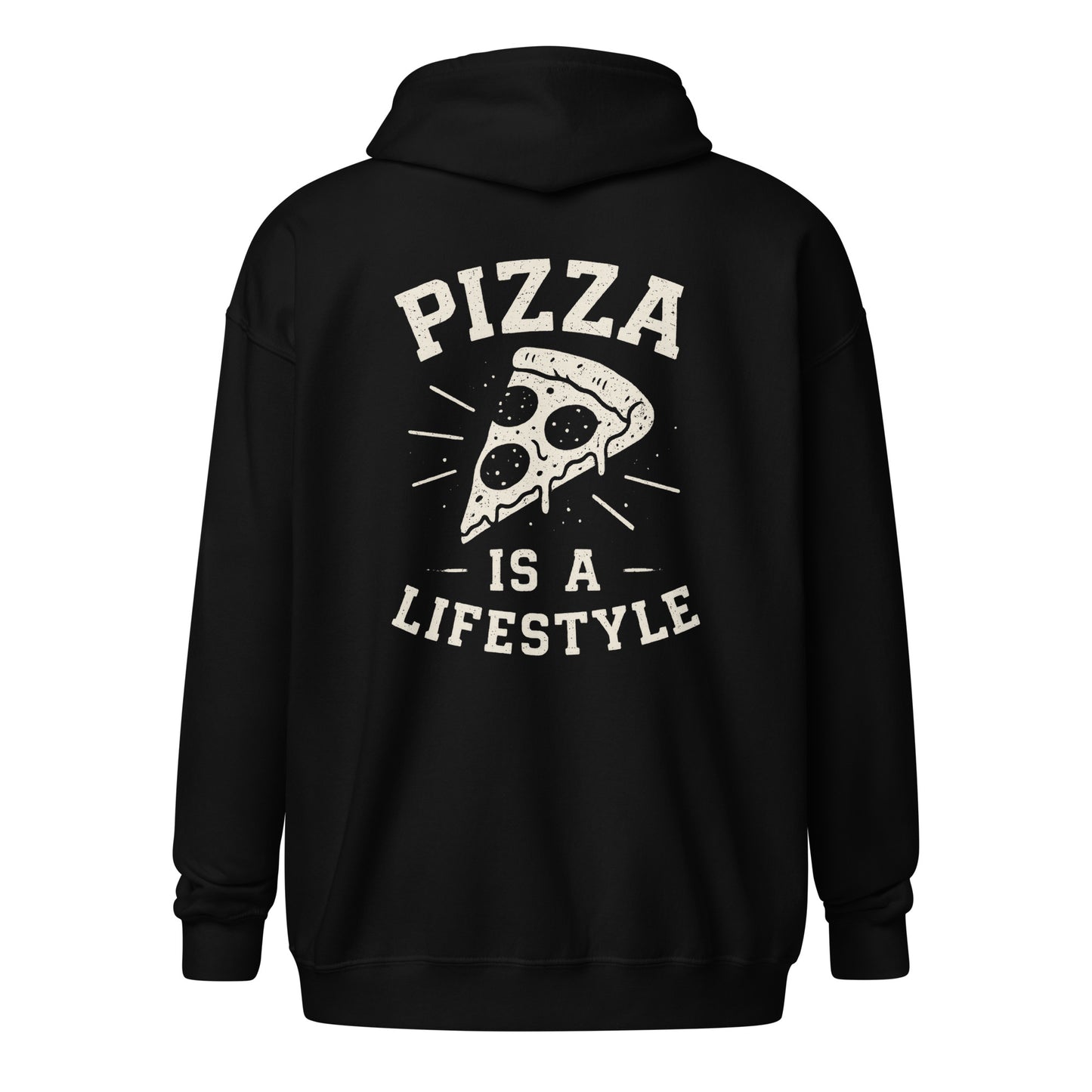 Black hoodie with 'Pizza is a Lifestyle' text and pizza slice graphic on the back.