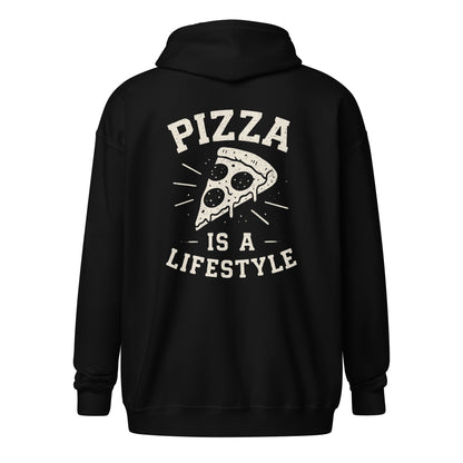 Black hoodie with 'Pizza is a Lifestyle' text and pizza slice graphic on the back.