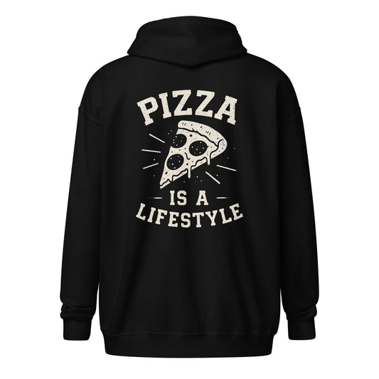 Black hoodie with 'Pizza is a Lifestyle' text and pizza slice graphic on the back.