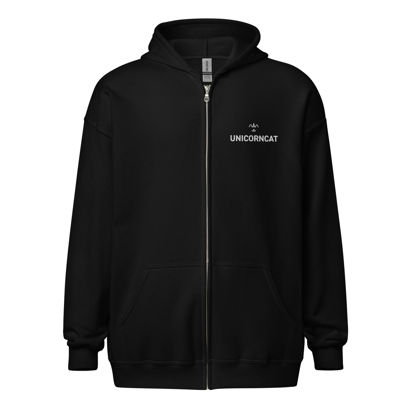 Black hoodie with a brand logo on a white background