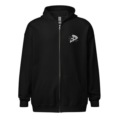 Black hoodie with a small logo on the chest against a white background