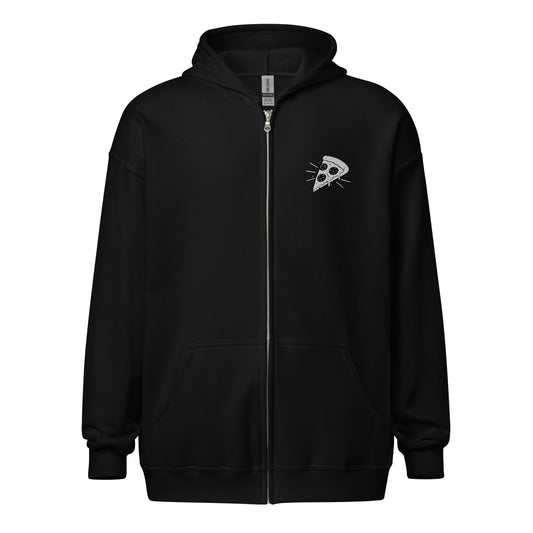 Black hoodie with a small logo on the chest against a white background