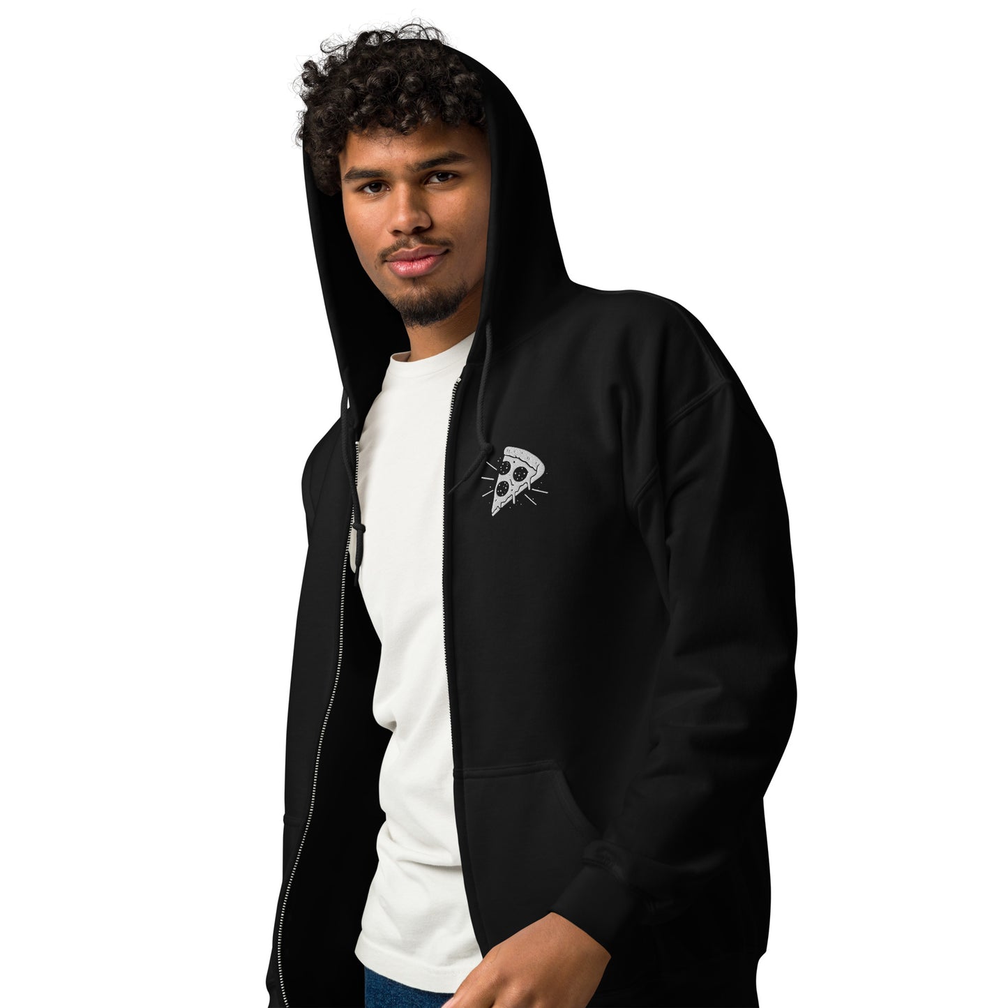Person wearing a black hoodie with a logo on the sleeve against a white background