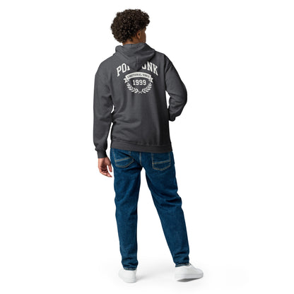 Person wearing a gray hoodie with text on the back, standing against a white background