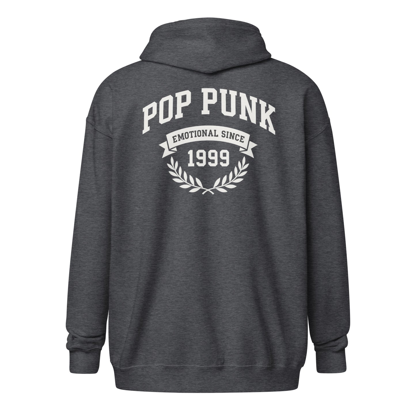 Dark gray hoodie with 'Pop Punk Emotional Since 1999' text on the back against a white background