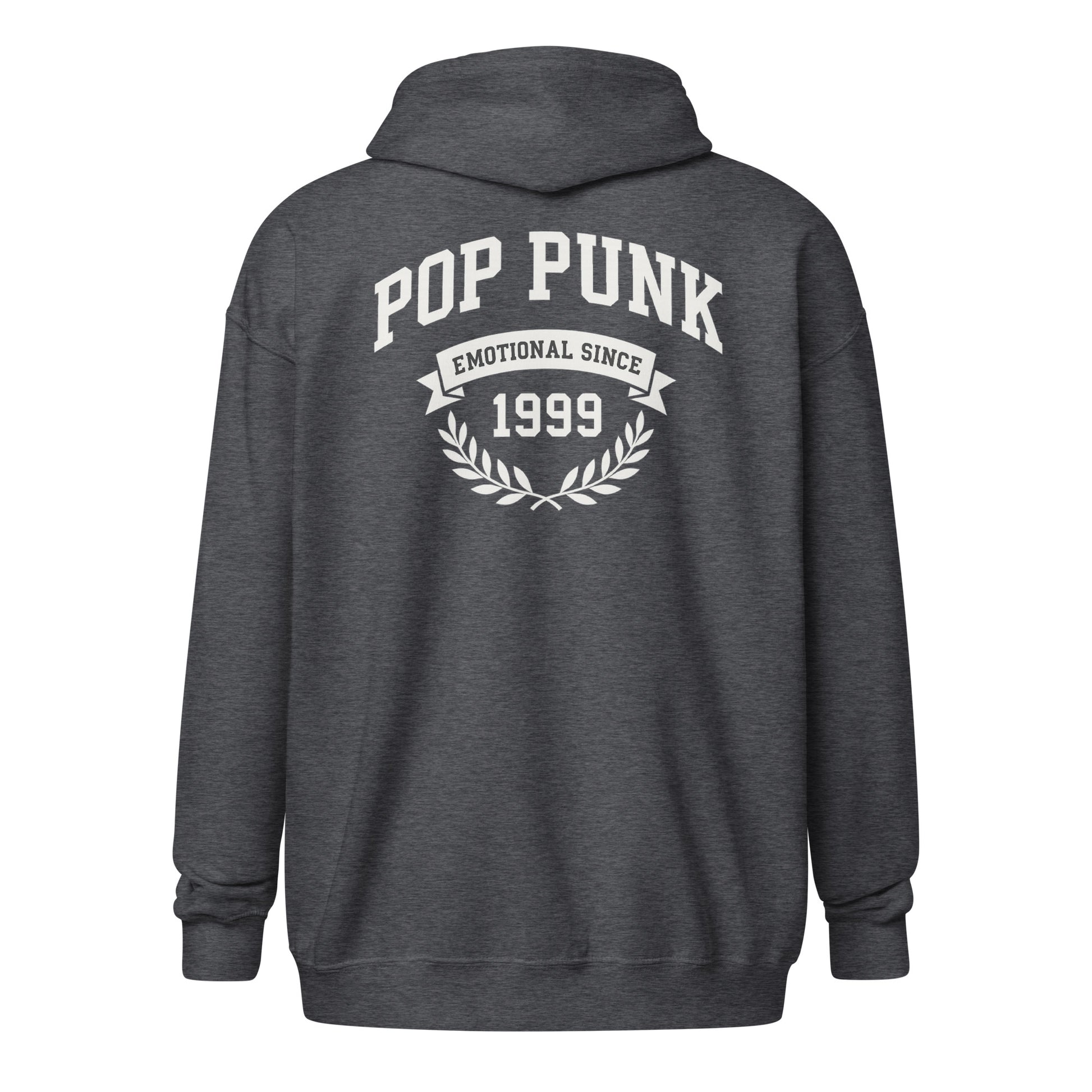 Dark gray hoodie with 'Pop Punk Emotional Since 1999' text on the back against a white background