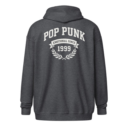 Dark gray hoodie with 'Pop Punk Emotional Since 1999' text on the back against a white background