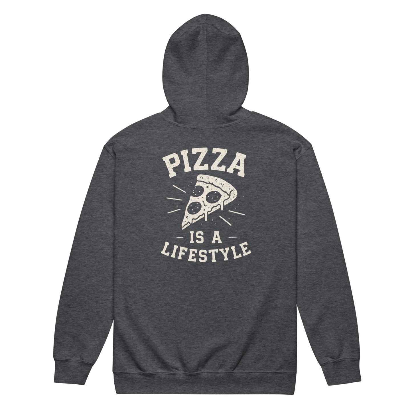 Dark gray hoodie with 'Pizza is a Lifestyle' text and pizza slice graphic on the back, on a white background.