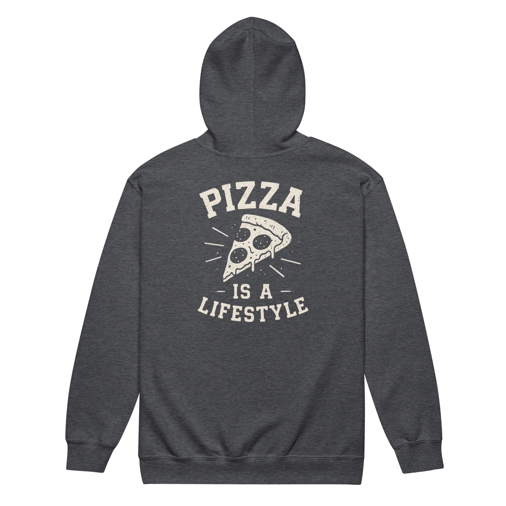 Dark gray hoodie with 'Pizza is a Lifestyle' text and pizza slice graphic on the back, on a white background.