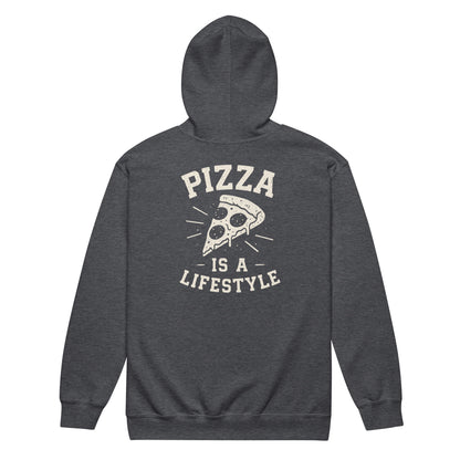 Dark gray hoodie with 'Pizza is a Lifestyle' text and pizza slice graphic on the back, on a white background.