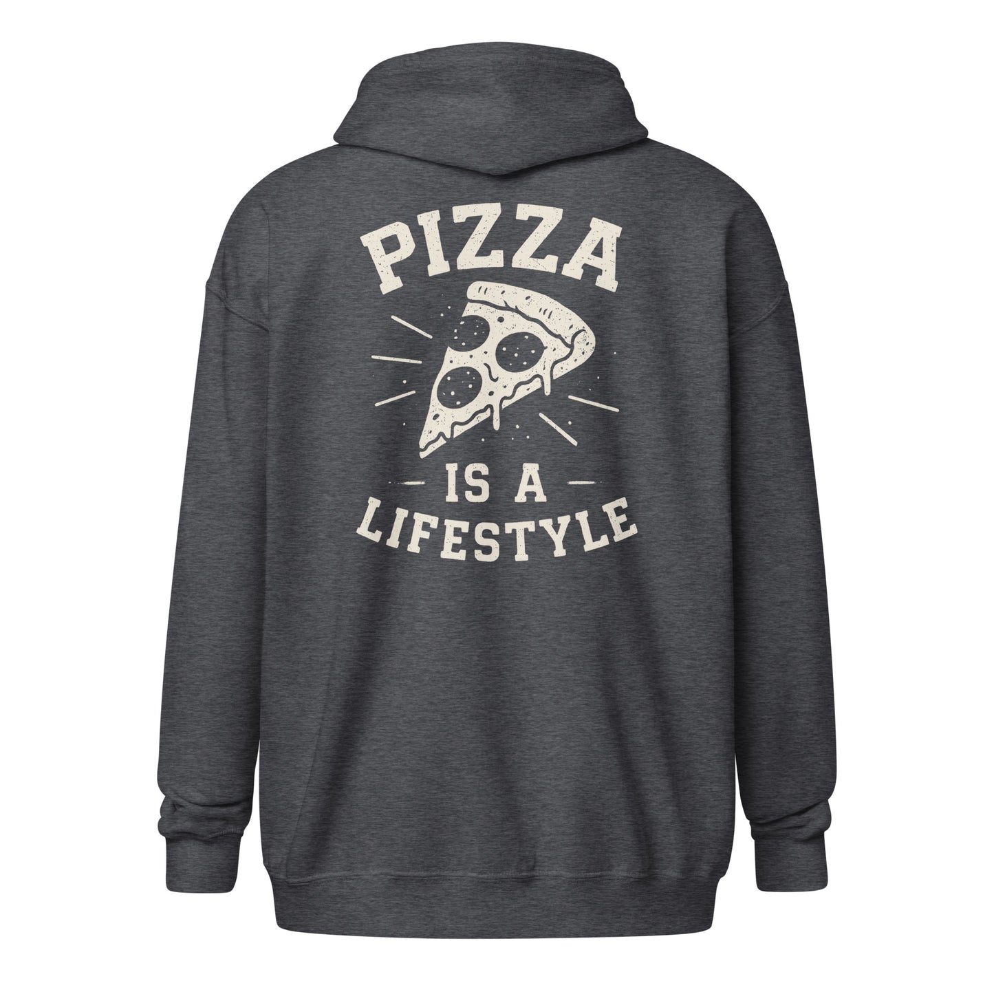 Dark gray hoodie with 'Pizza is a Lifestyle' text and pizza graphic on the back, on a white background.