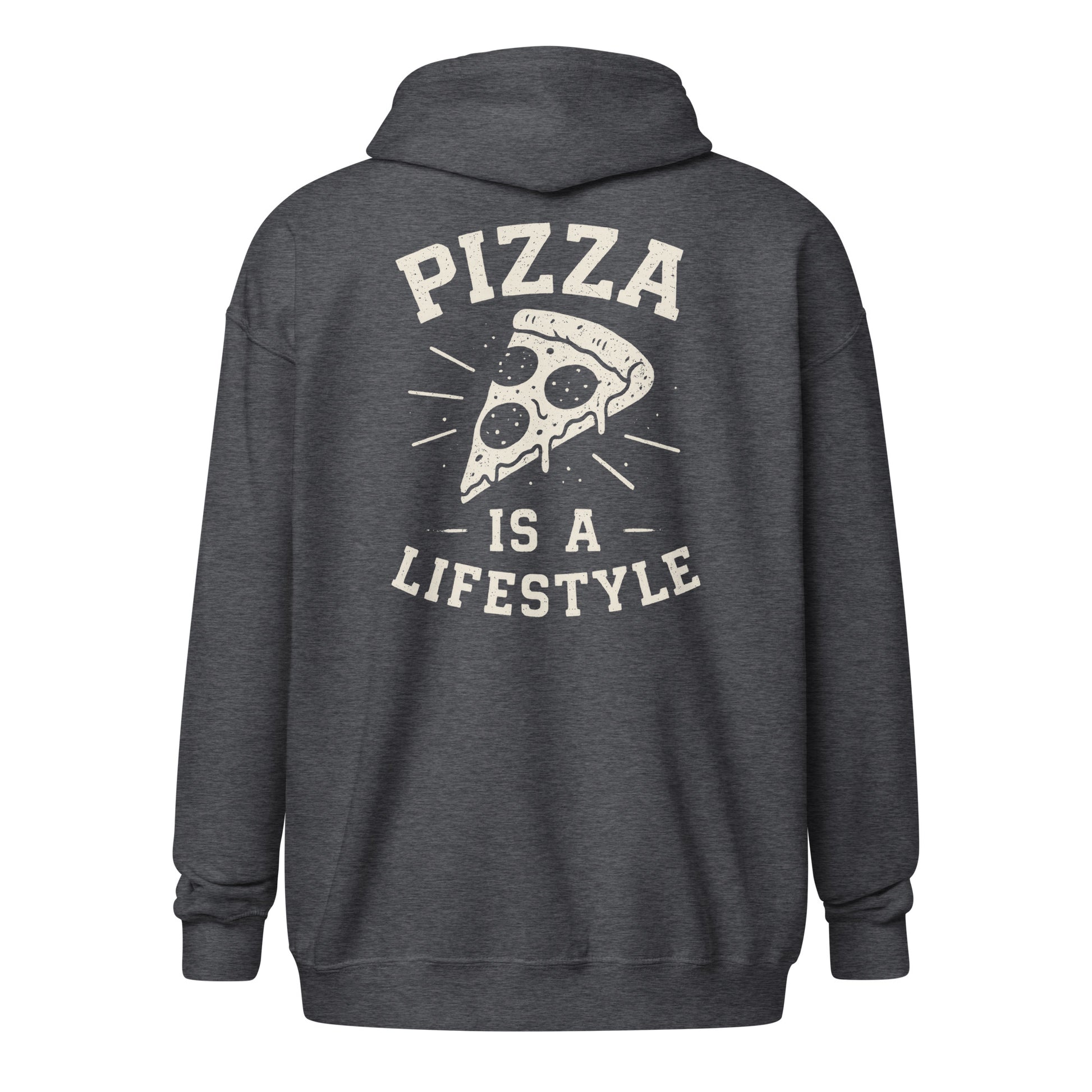 Dark gray hoodie with 'Pizza is a Lifestyle' text and pizza graphic on the back, on a white background.