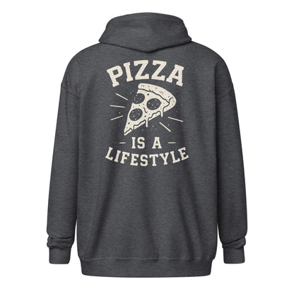 Dark gray hoodie with 'Pizza is a Lifestyle' text and pizza graphic on the back, on a white background.