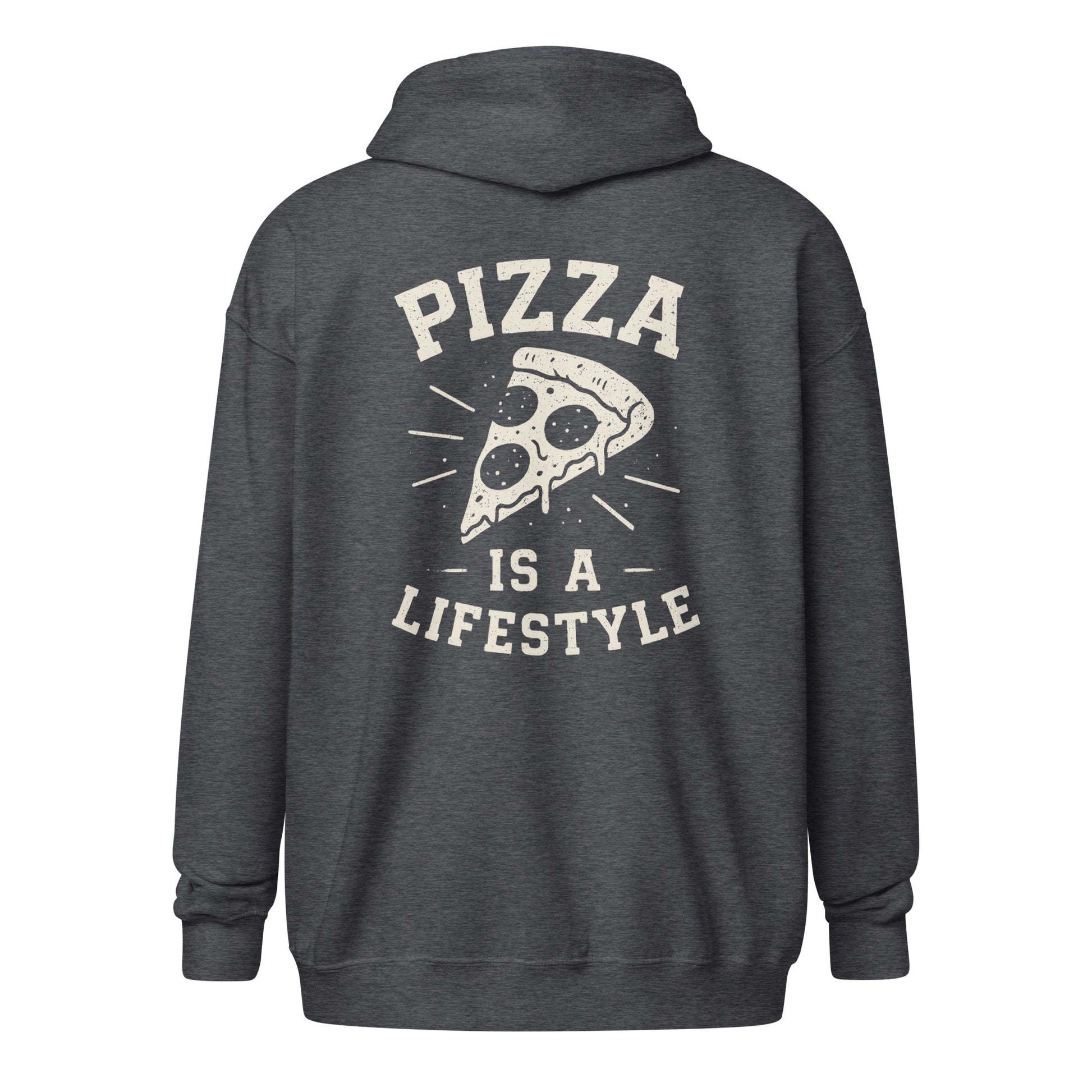 Dark gray hoodie with 'Pizza is a Lifestyle' text and pizza graphic on the back, on a white background.