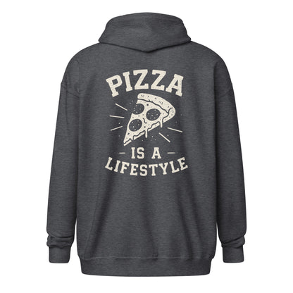 Dark gray hoodie with 'Pizza is a Lifestyle' text and pizza graphic on the back, on a white background.
