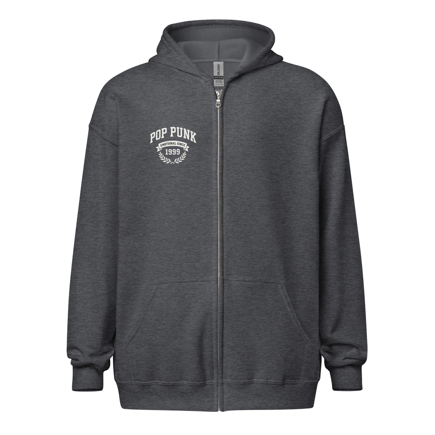 Dark gray hoodie with 'Pop Punk 1999' text on a white background