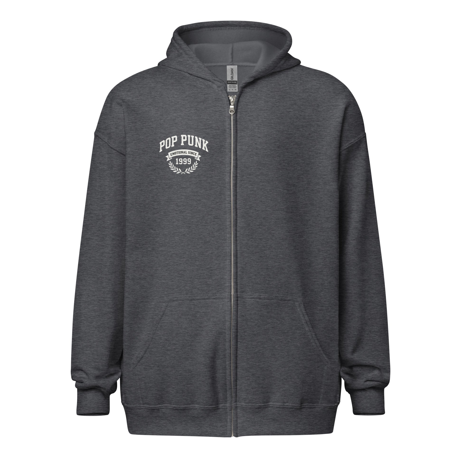 Dark gray hoodie with 'Pop Punk 1999' text on a white background