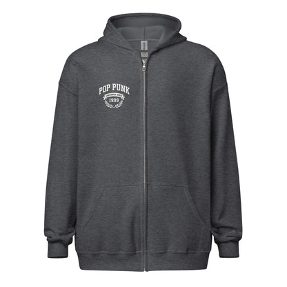 Dark gray hoodie with 'Pop Punk 1999' text on a white background