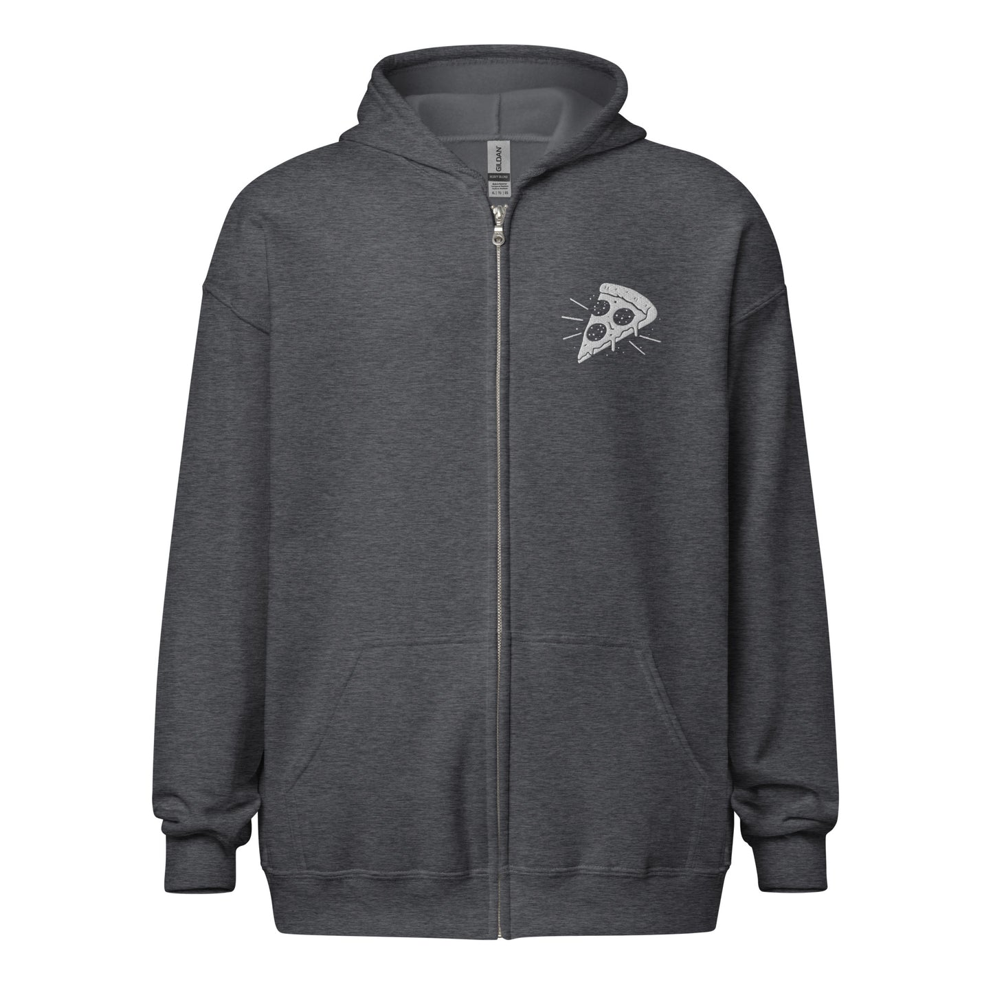 Dark gray hoodie with a pizza slice logo on a white background