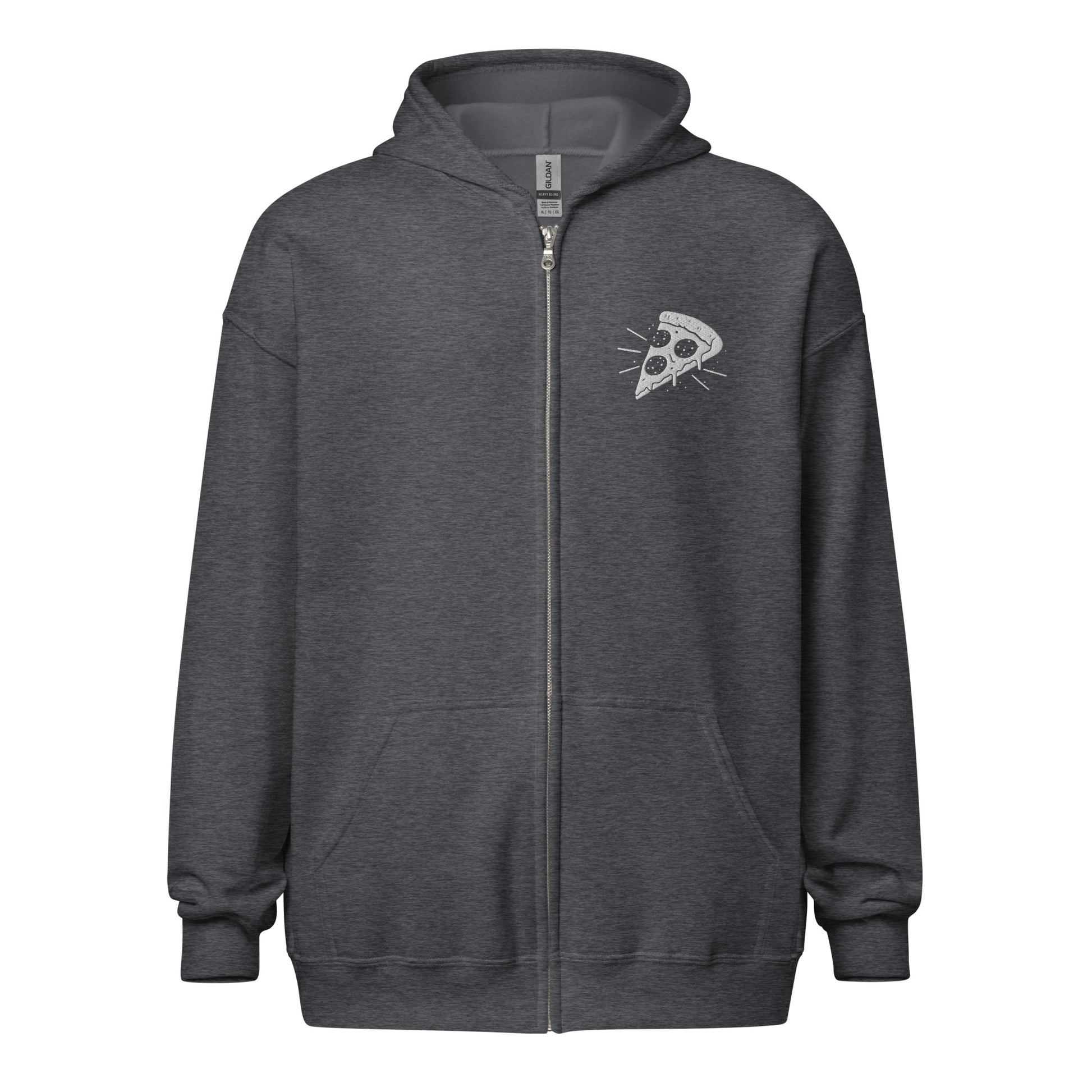 Dark gray hoodie with a pizza slice logo on a white background
