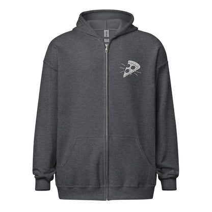 Dark gray hoodie with a pizza slice logo on a white background