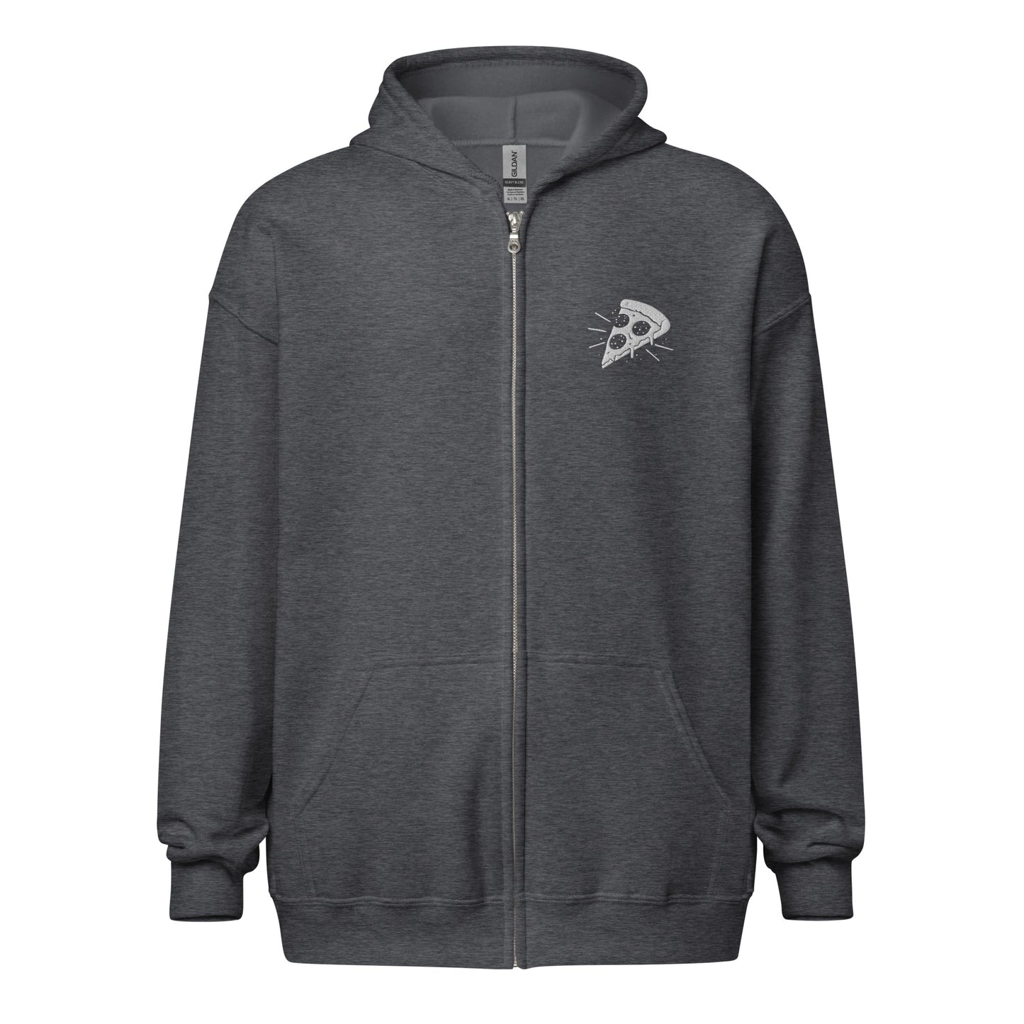 Dark gray hoodie with a small logo on the chest against a white background