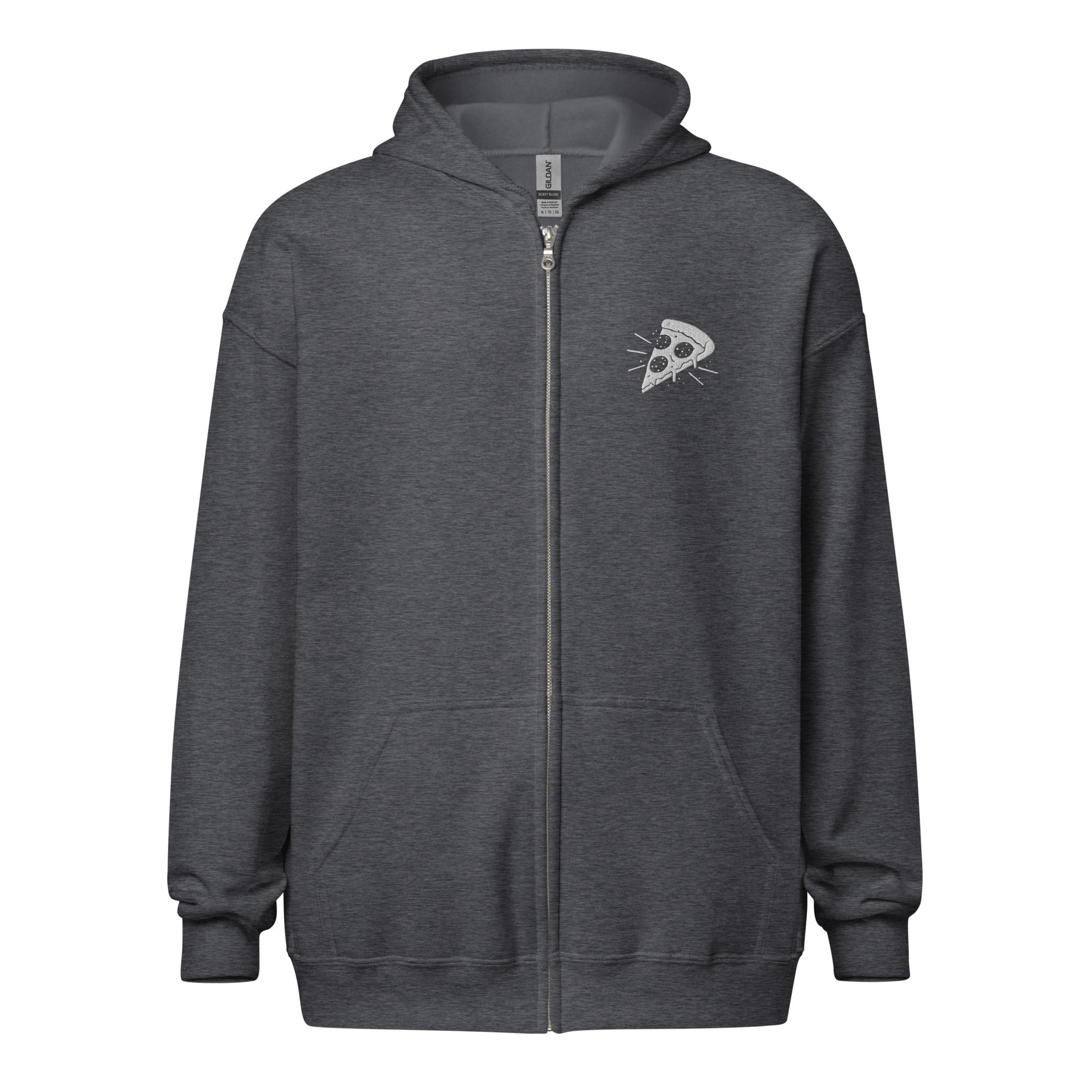 Dark gray hoodie with a small logo on the chest against a white background