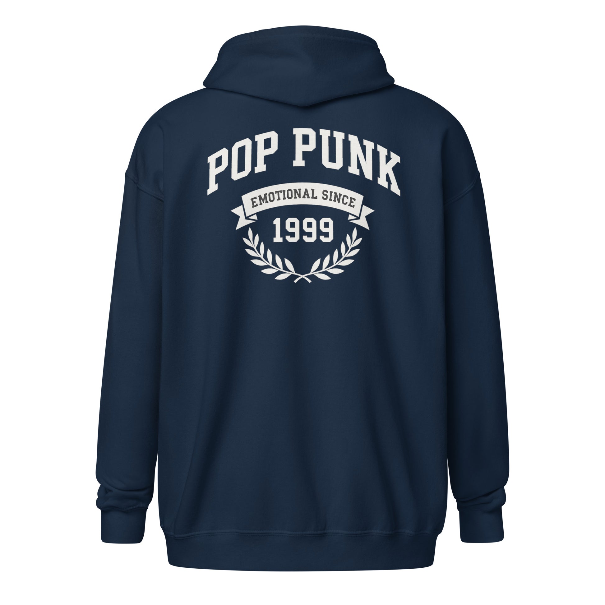 Navy blue hoodie with 'Pop Punk Emotional Since 1999' text on the back against a white background