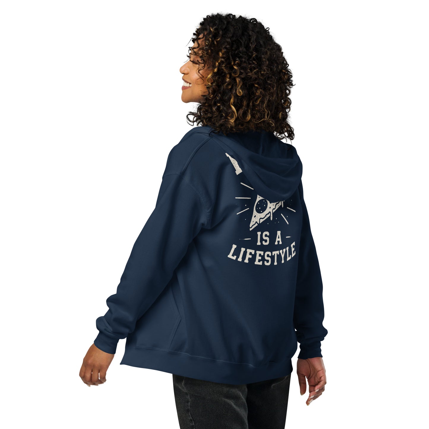 Person wearing a navy hoodie with text and graphic on the back, on a white background