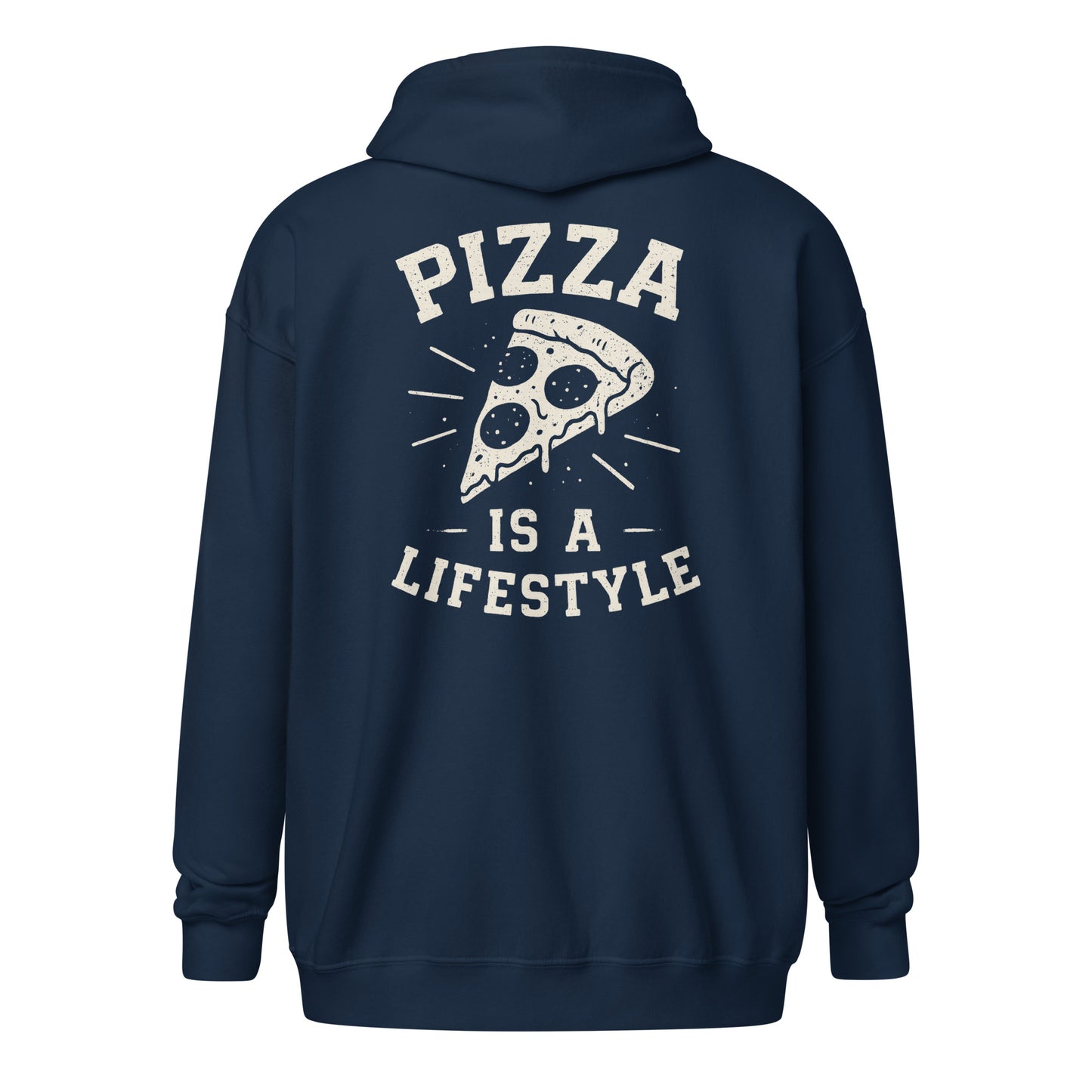 Navy blue hoodie with 'Pizza is a Lifestyle' text and pizza slice graphic on the back.