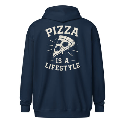 Navy blue hoodie with 'Pizza is a Lifestyle' text and pizza slice graphic on the back.