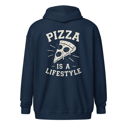 Navy blue hoodie with 'Pizza is a Lifestyle' text and pizza graphic on the back against a white background