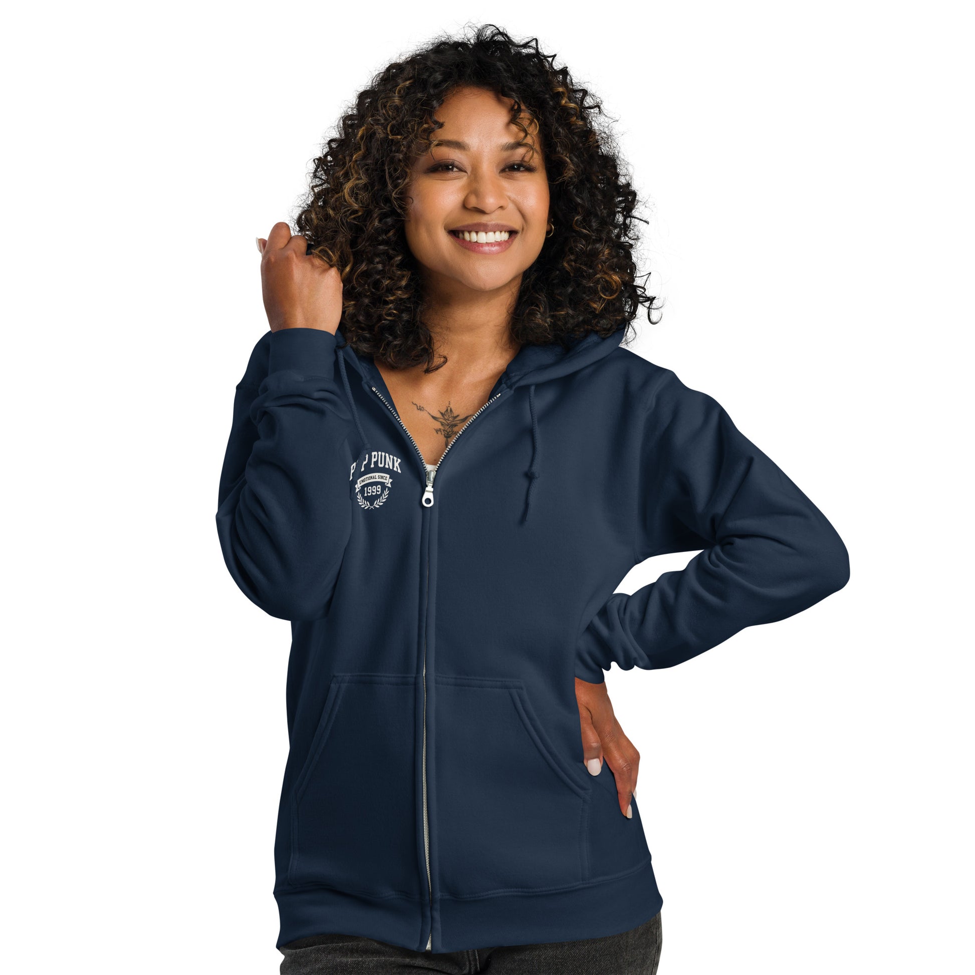 Woman wearing a navy blue hoodie with a brand logo on a white background