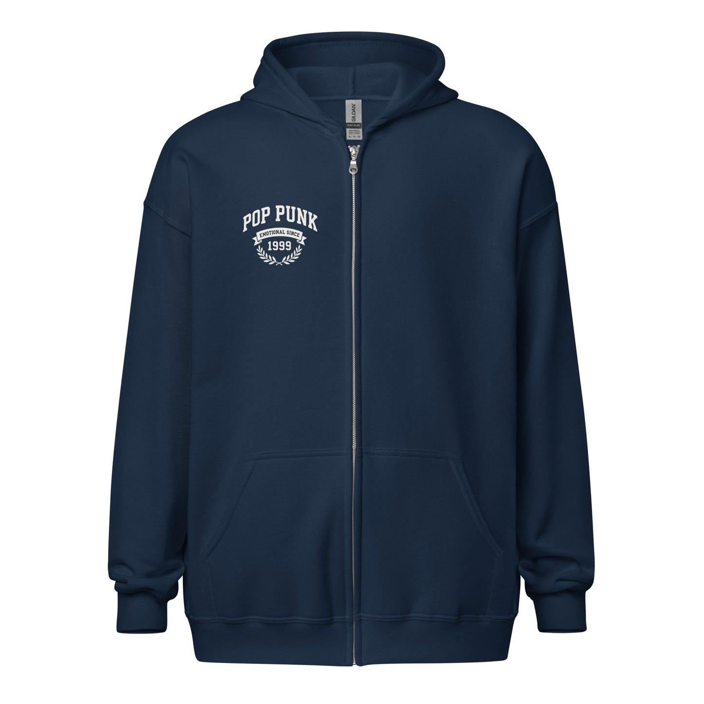 Navy blue hoodie with 'Pop Punk 1999' text on a white background