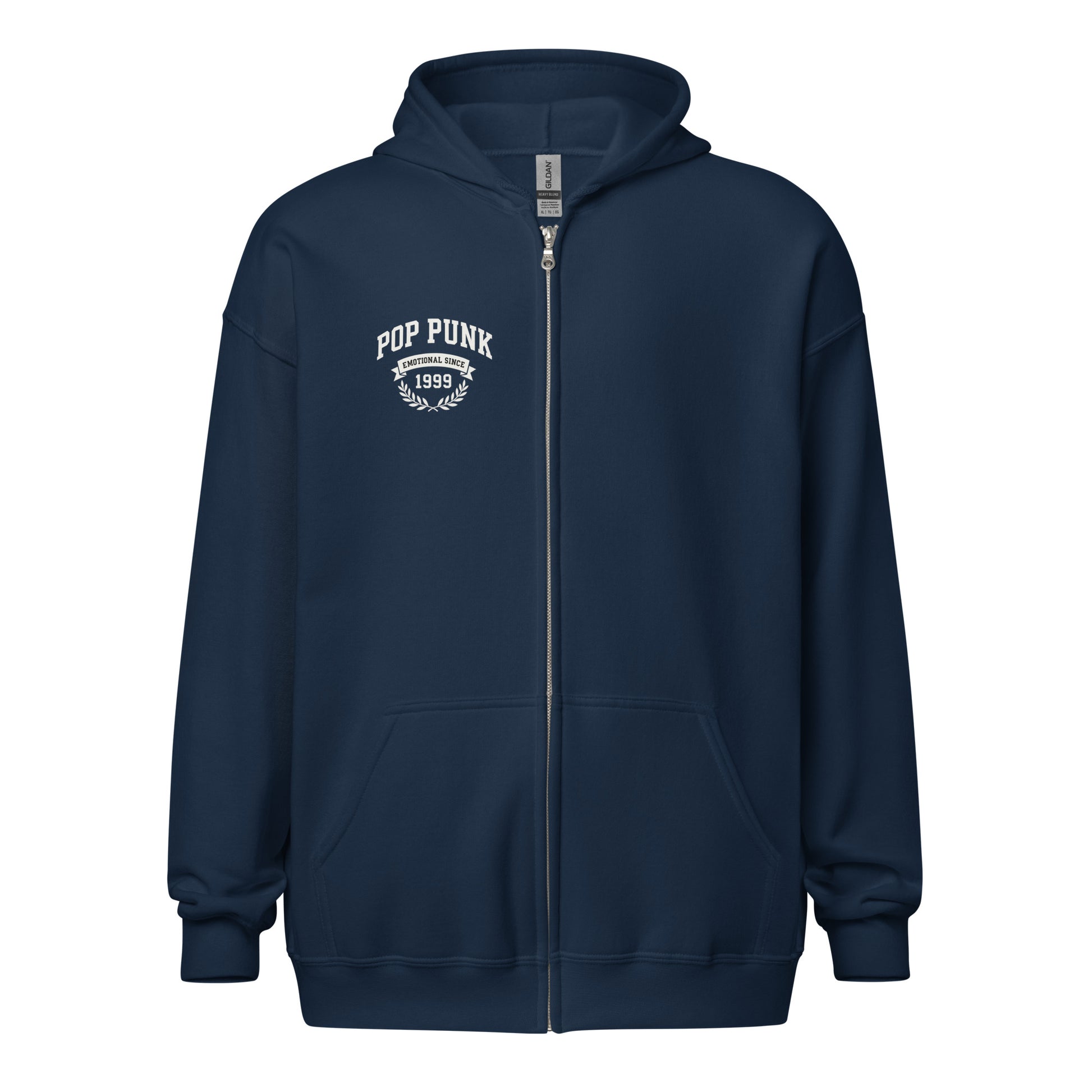 Navy blue hoodie with 'Pop Punk 1999' text on a white background