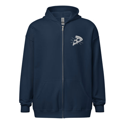 Navy blue hoodie with a pizza slice graphic on a white background