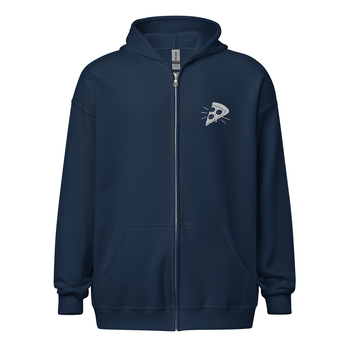 Navy blue hoodie with a small logo on the chest against a white background