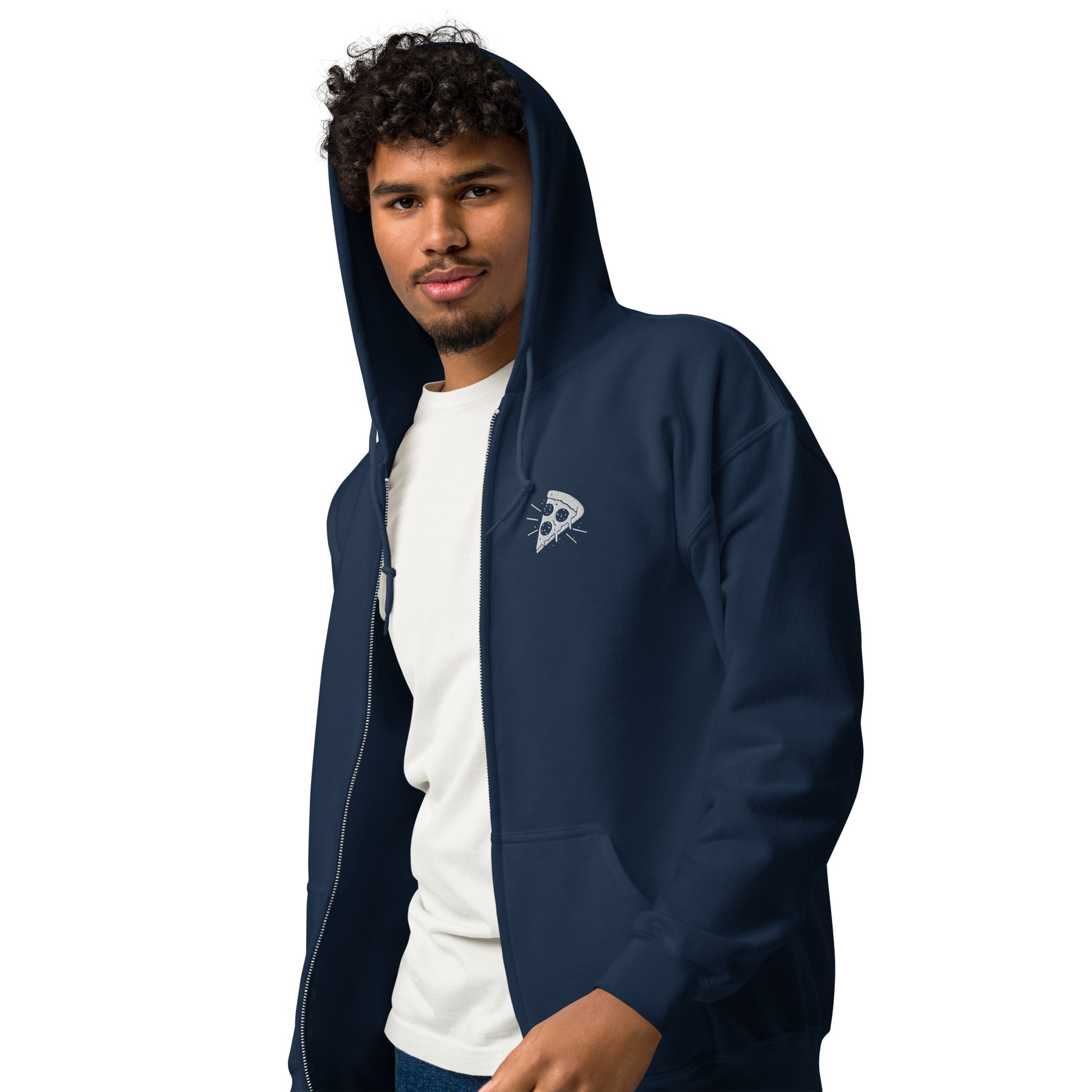 Person wearing a navy blue hoodie with a logo on a white background