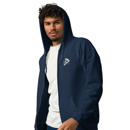 Person wearing a navy blue hoodie with a logo on a white background
