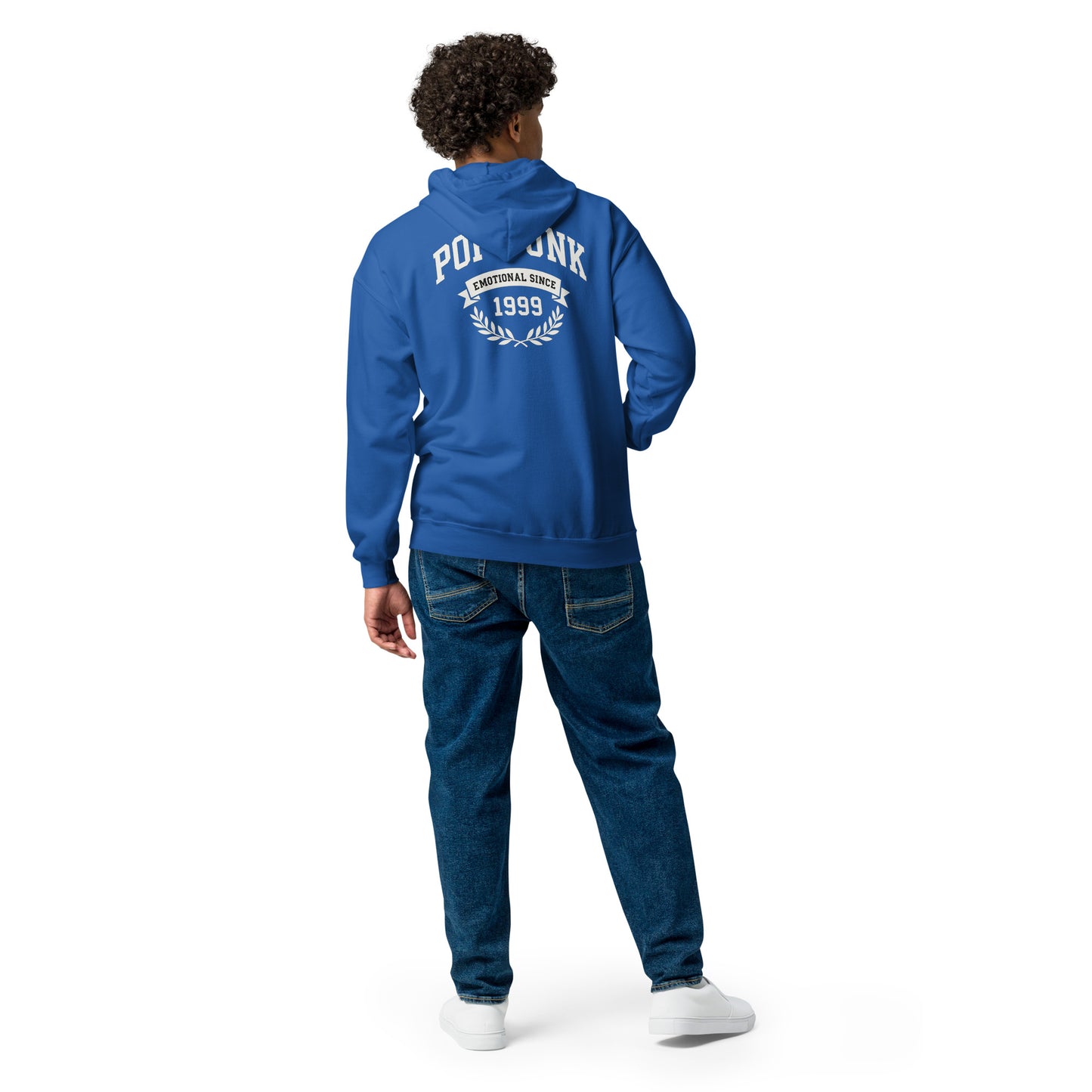 Person wearing a blue hoodie with text on the back, standing against a white background