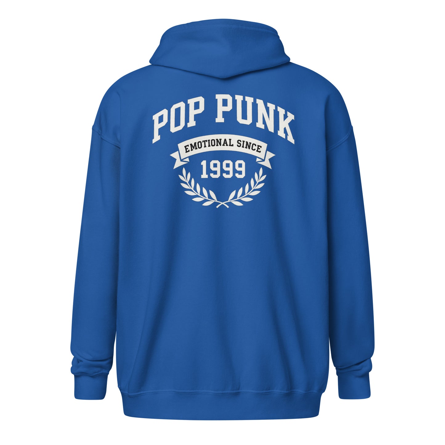 Blue hoodie with 'Pop Punk Emotional Since 1999' text on the back against a white background