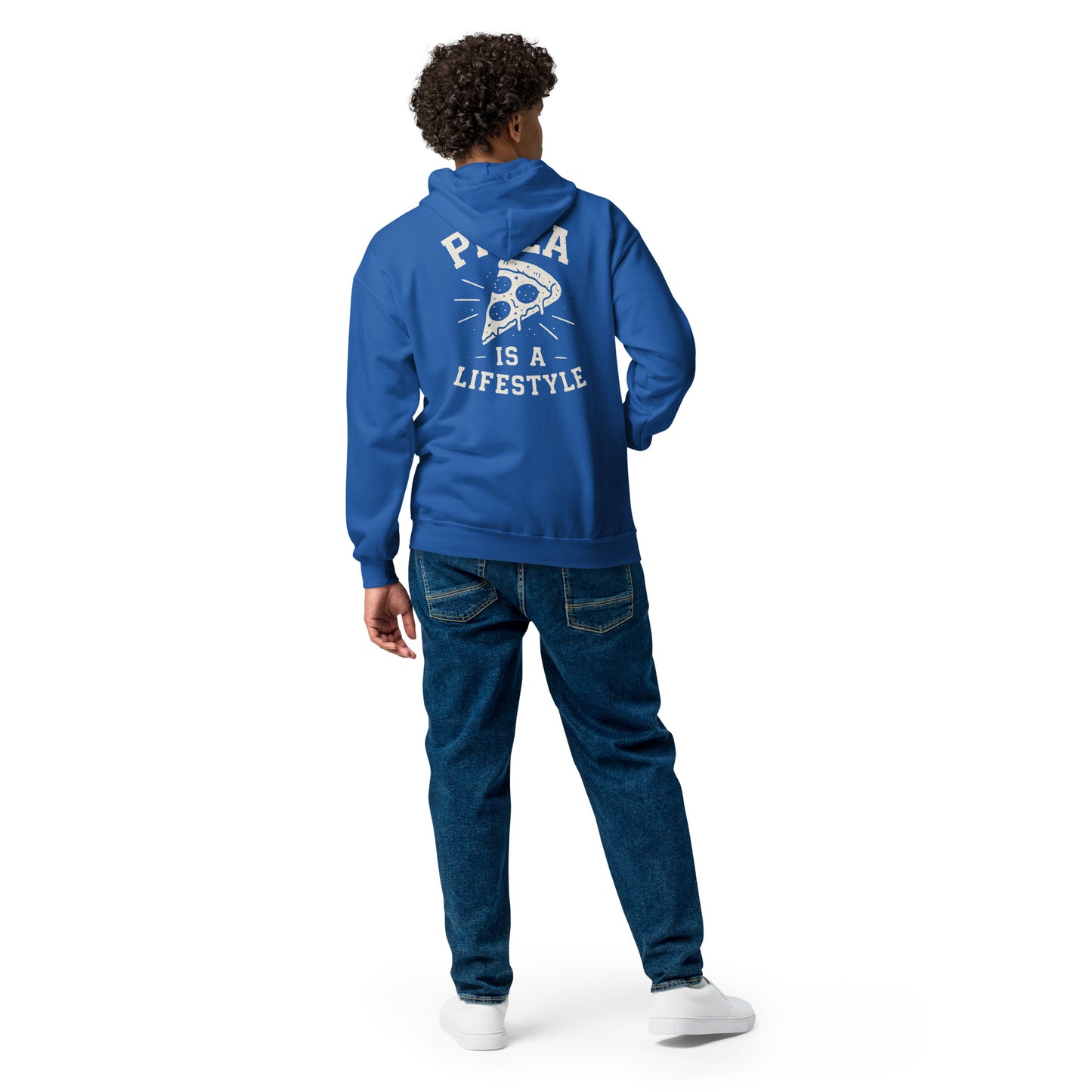 Person wearing a blue hoodie with text on the back, standing against a white background