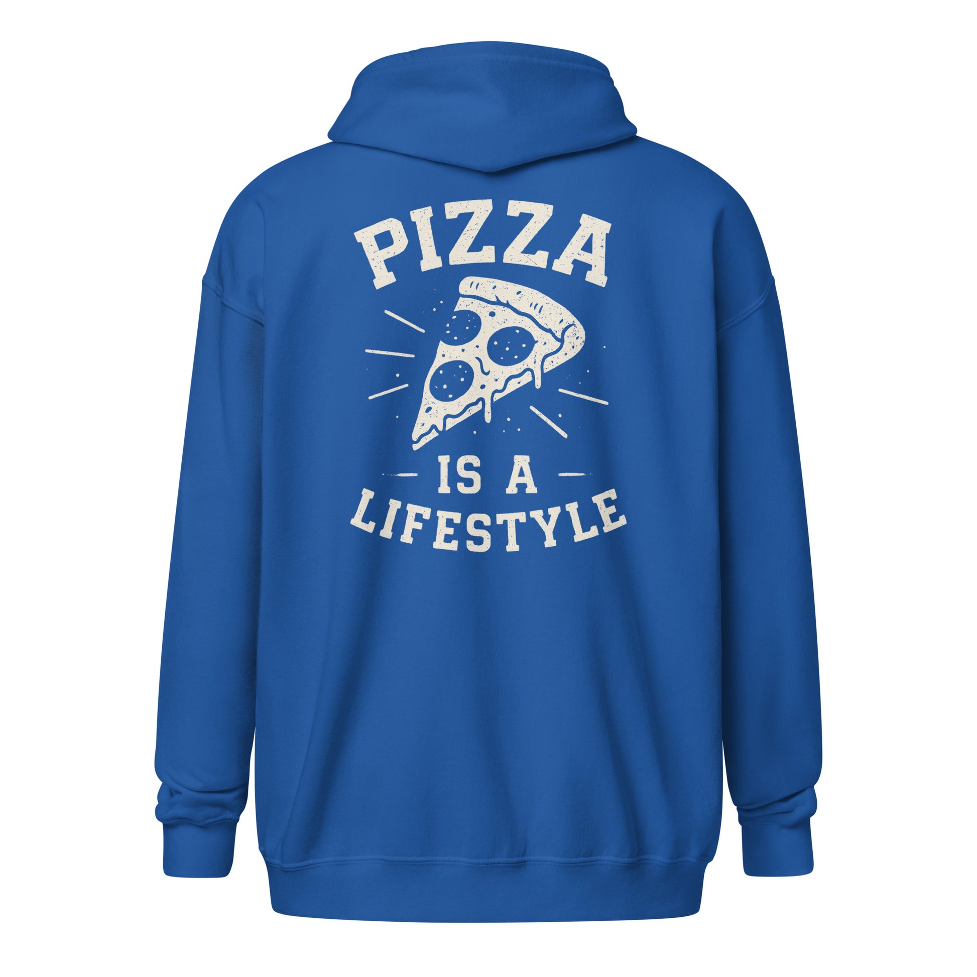 Blue hoodie with 'Pizza is a Lifestyle' text and graphic on the back against a white background